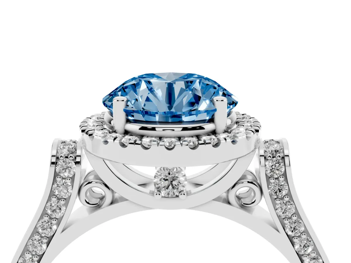 Fancy Blue Round Cut Halo Round Diamond Twist Band with Four-Prong Setting Platinum