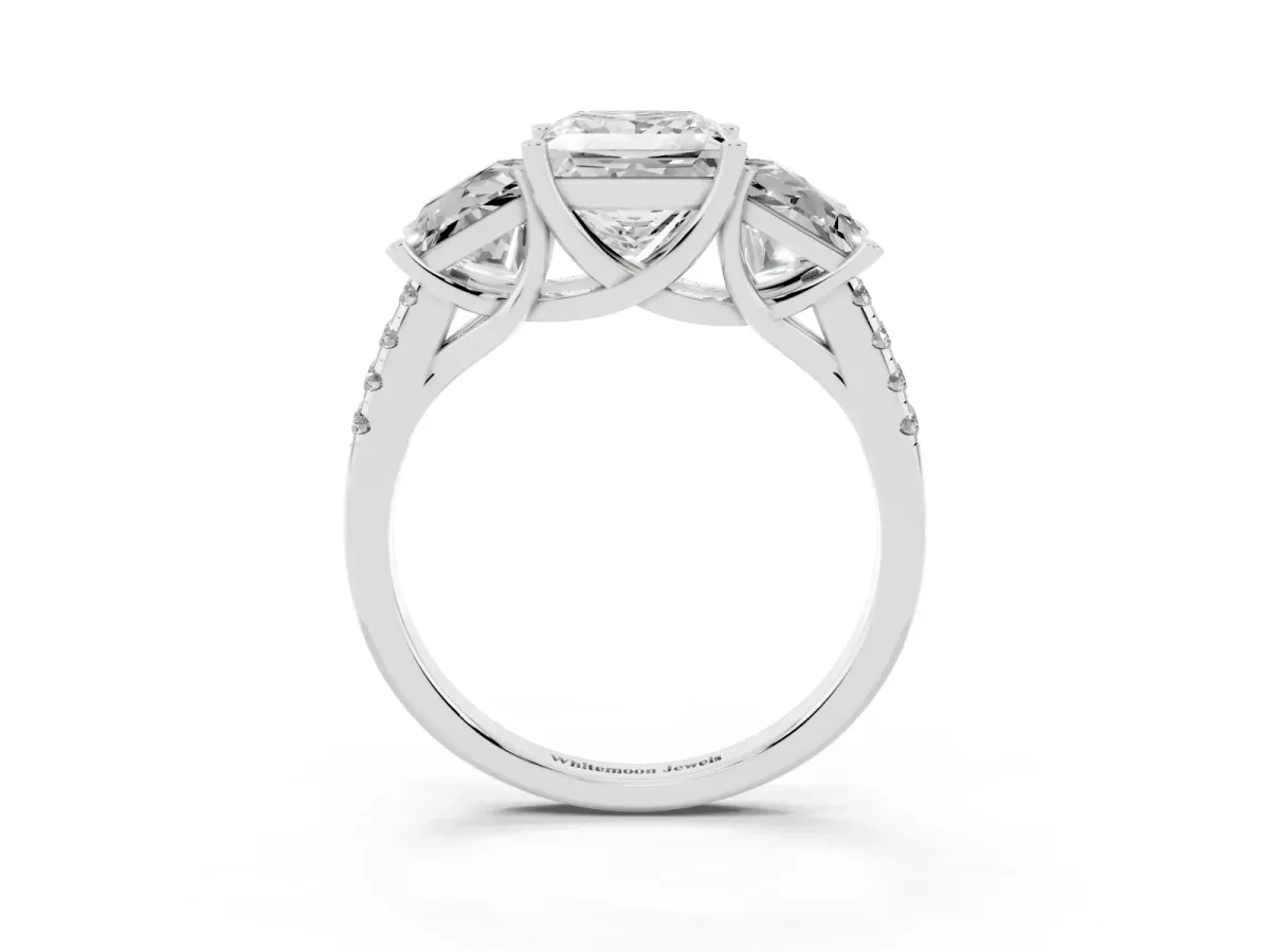 Three-Stone Princess Cut Diamond Ring with Round Pavé Band and Prong Setting Silver