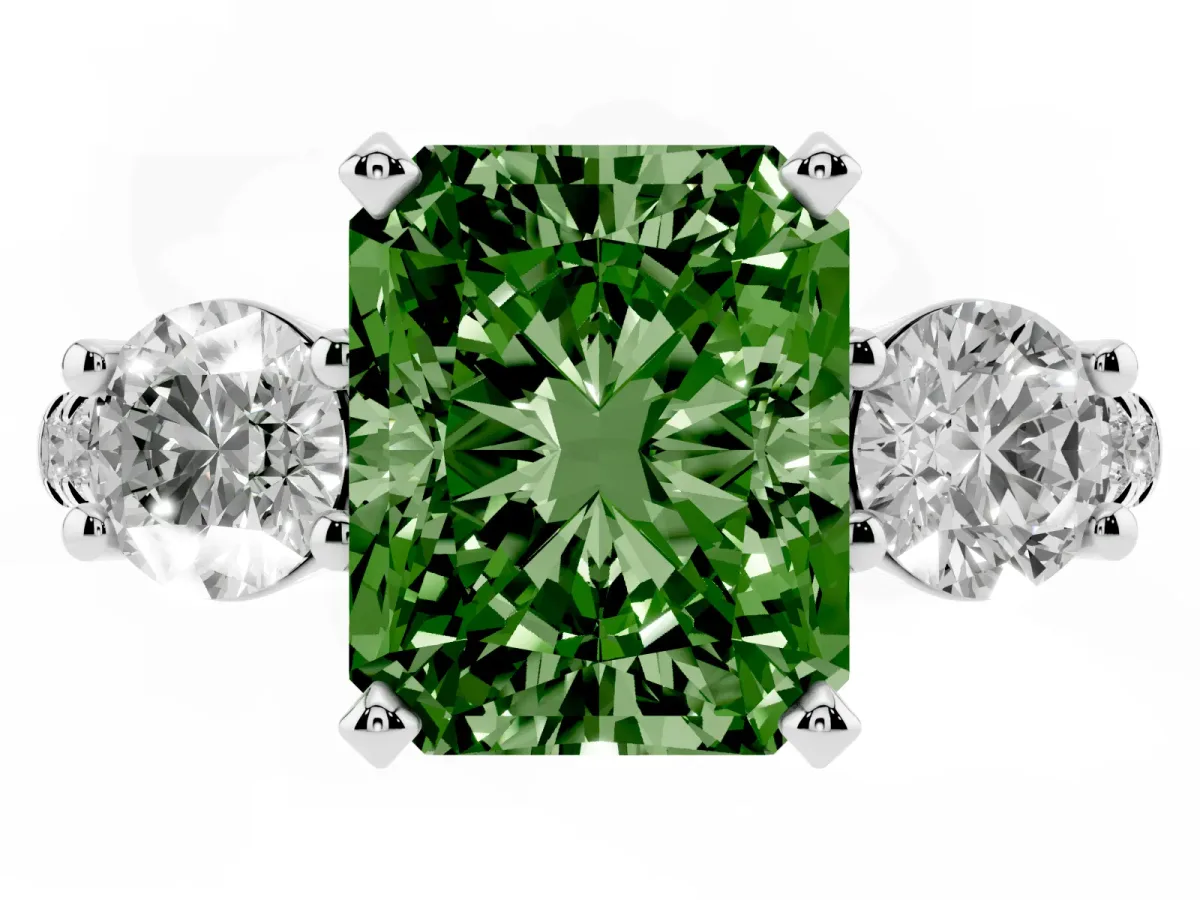 Fancy Green Three-Stone Radiant Cut Diamond Pavé Band with Four-Prong Setting Silver