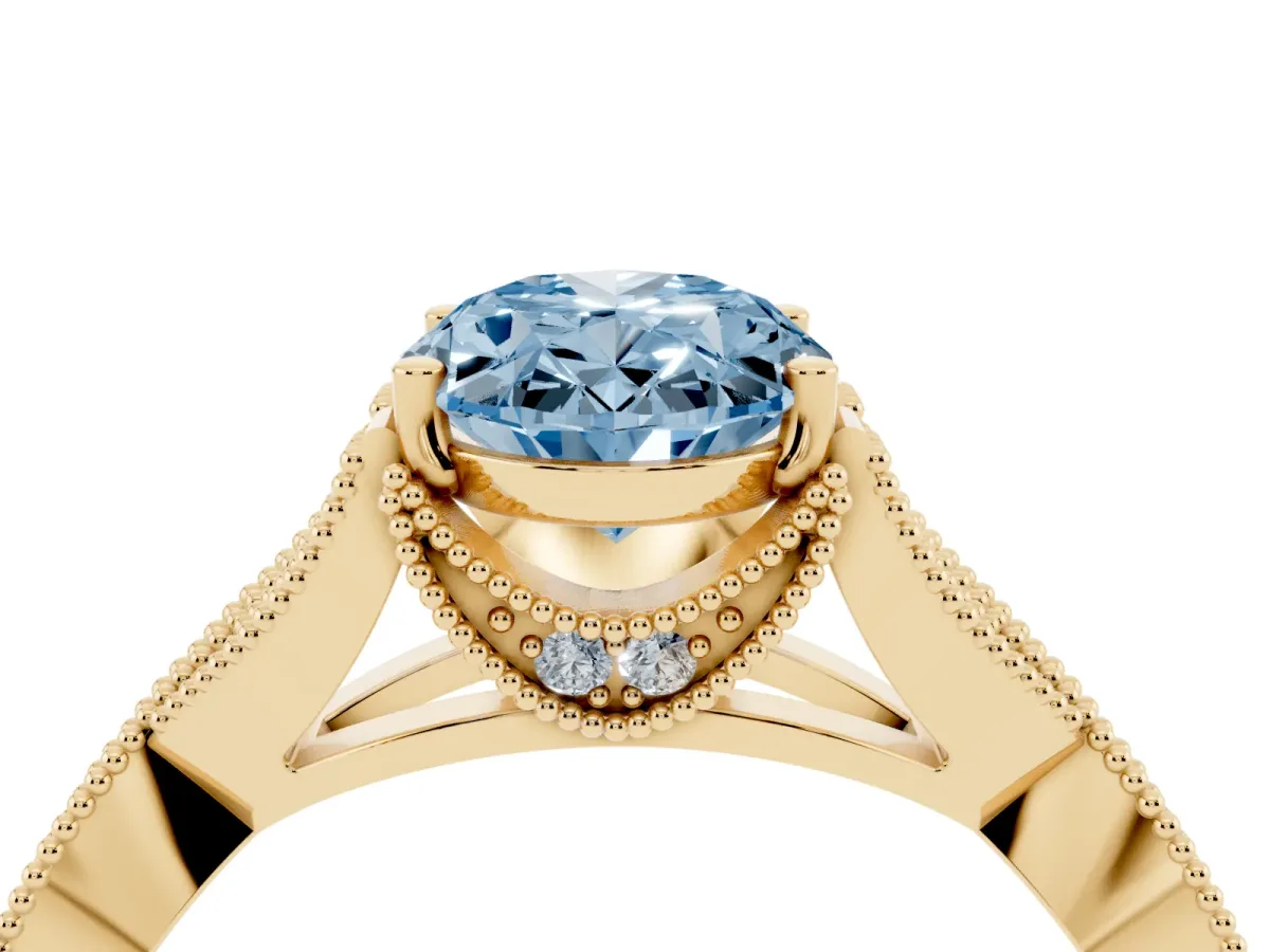Fancy Blue Oval Cut Cut Diamond Twisted Band with Milgrain Pave Setting and Four-Prong Setting Yellow gold