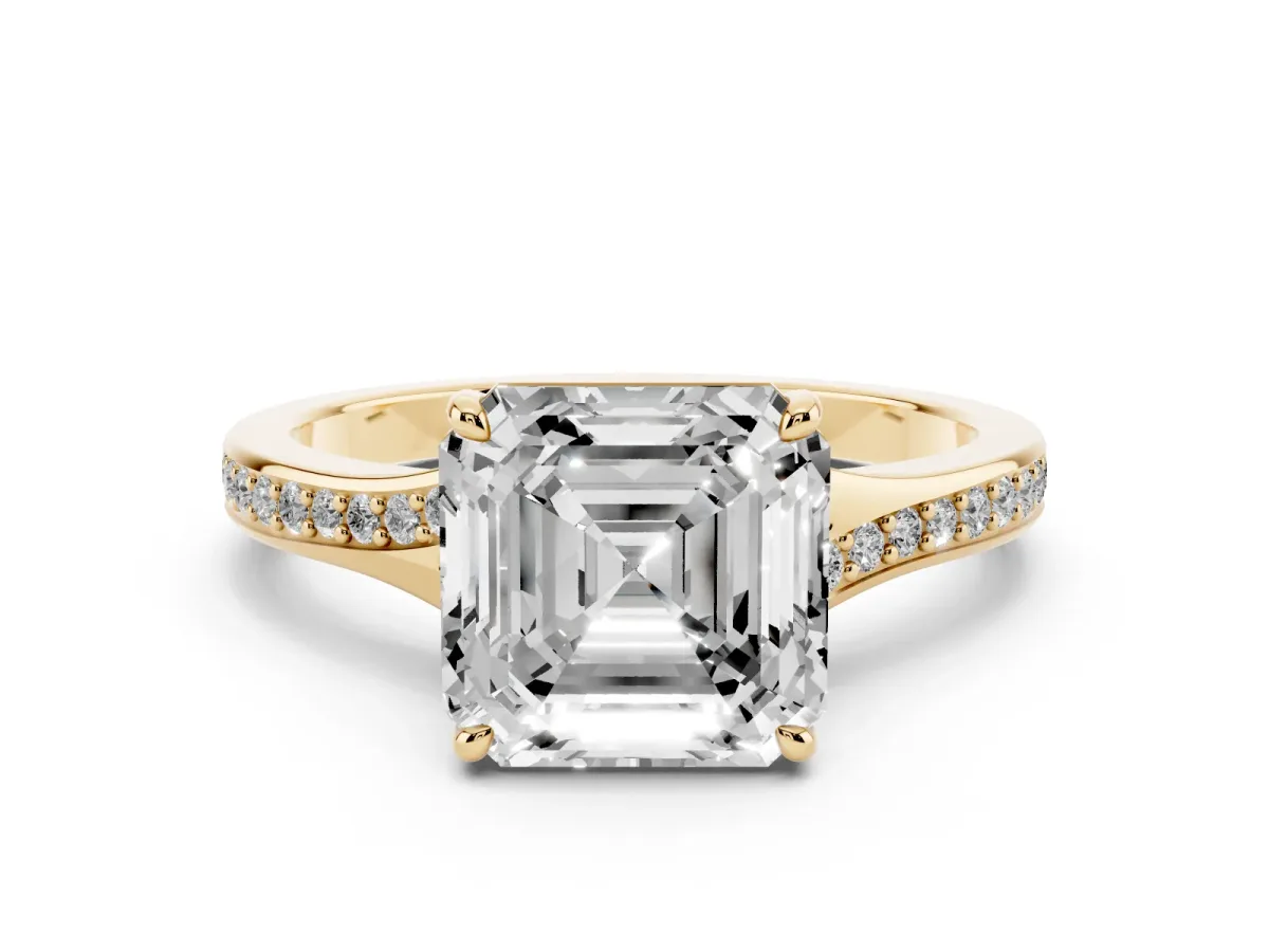 Asscher Cut Diamond Solitaire Ring with Pavé Band and Prong Setting Yellow gold