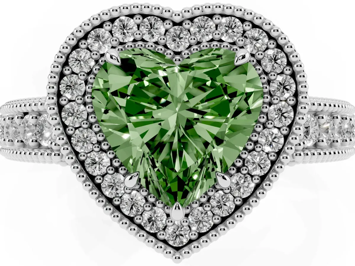 Fancy Green Heart Cut Cut Halo Diamond Ring with Pavé Band and Four-Prong Setting Platinum