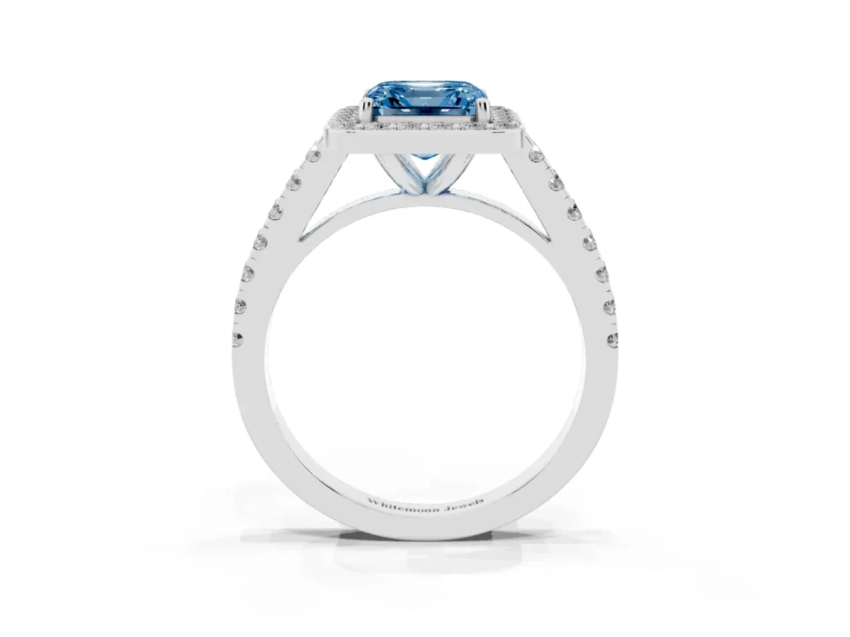 Fancy Blue Asscher Cut Diamond Halo Ring with Round Pavé Split Shank and Prong Setting Silver