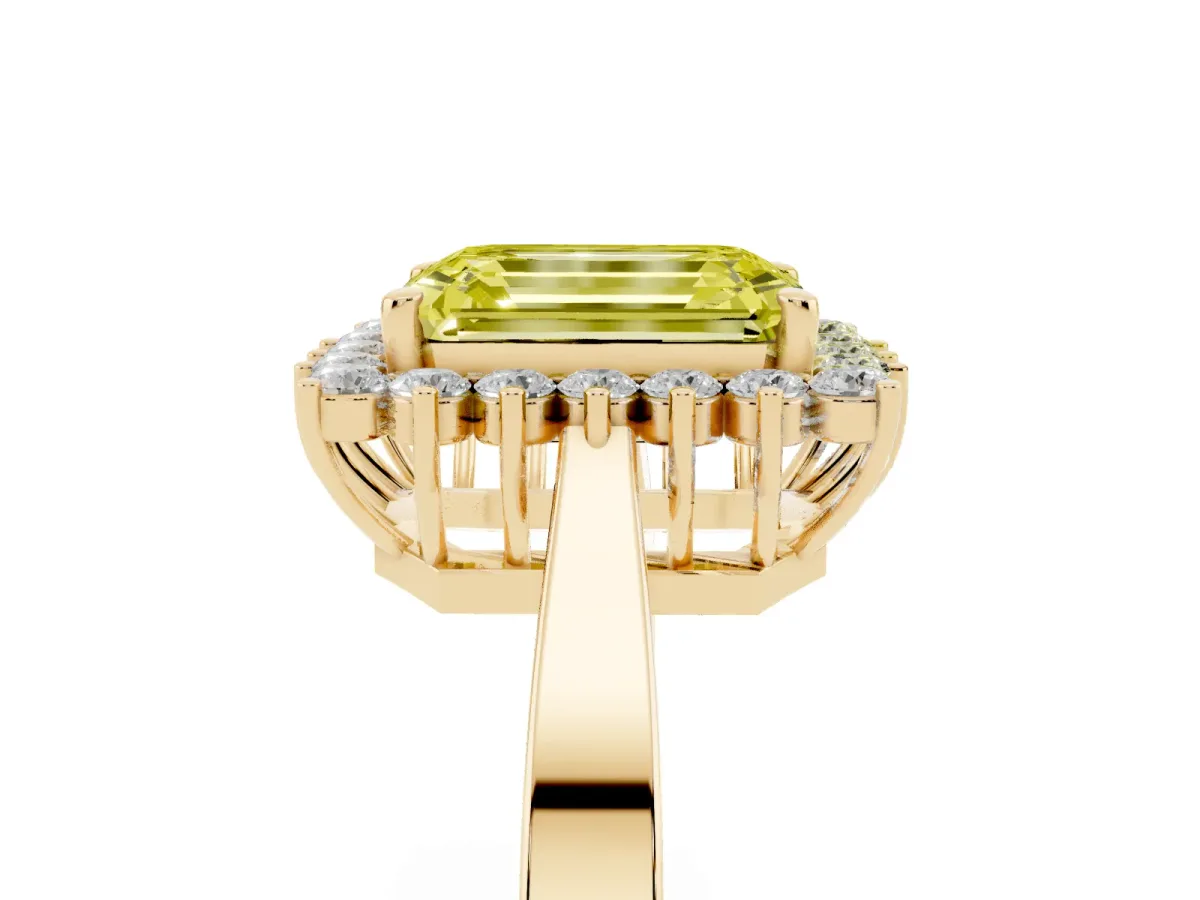 Fancy Yellow Emerald Cut Cut Diamond Halo Ring with Round Brilliant Halo and Solitaire Band Yellow gold