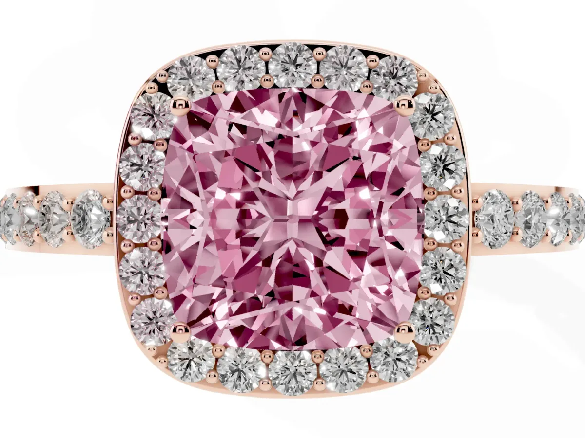 Fancy Pink Cushion Cut Halo Diamond Pavé Band Ring with Prong Setting Rose gold