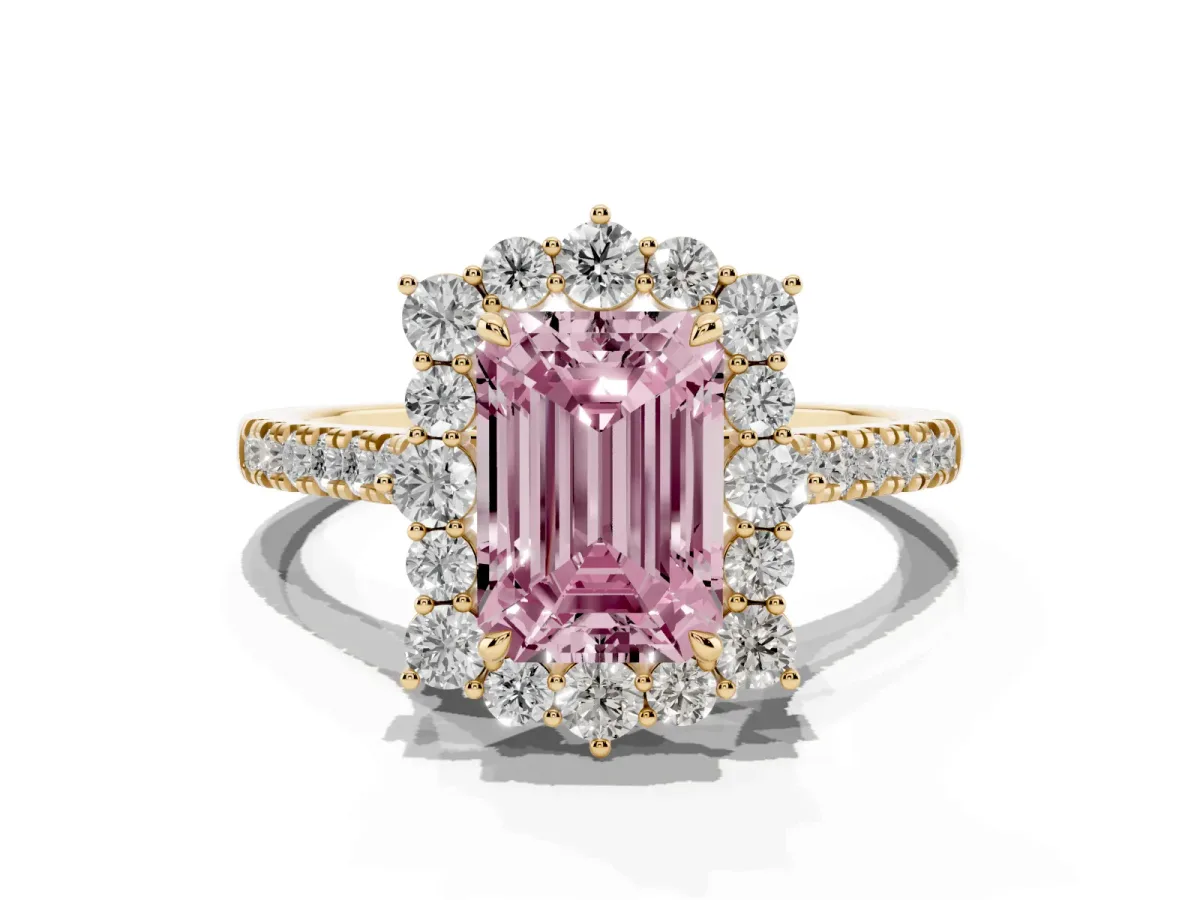 Fancy Pink Emerald Cut Halo Diamond Ring with Pavé Band and Prong Setting Yellow gold