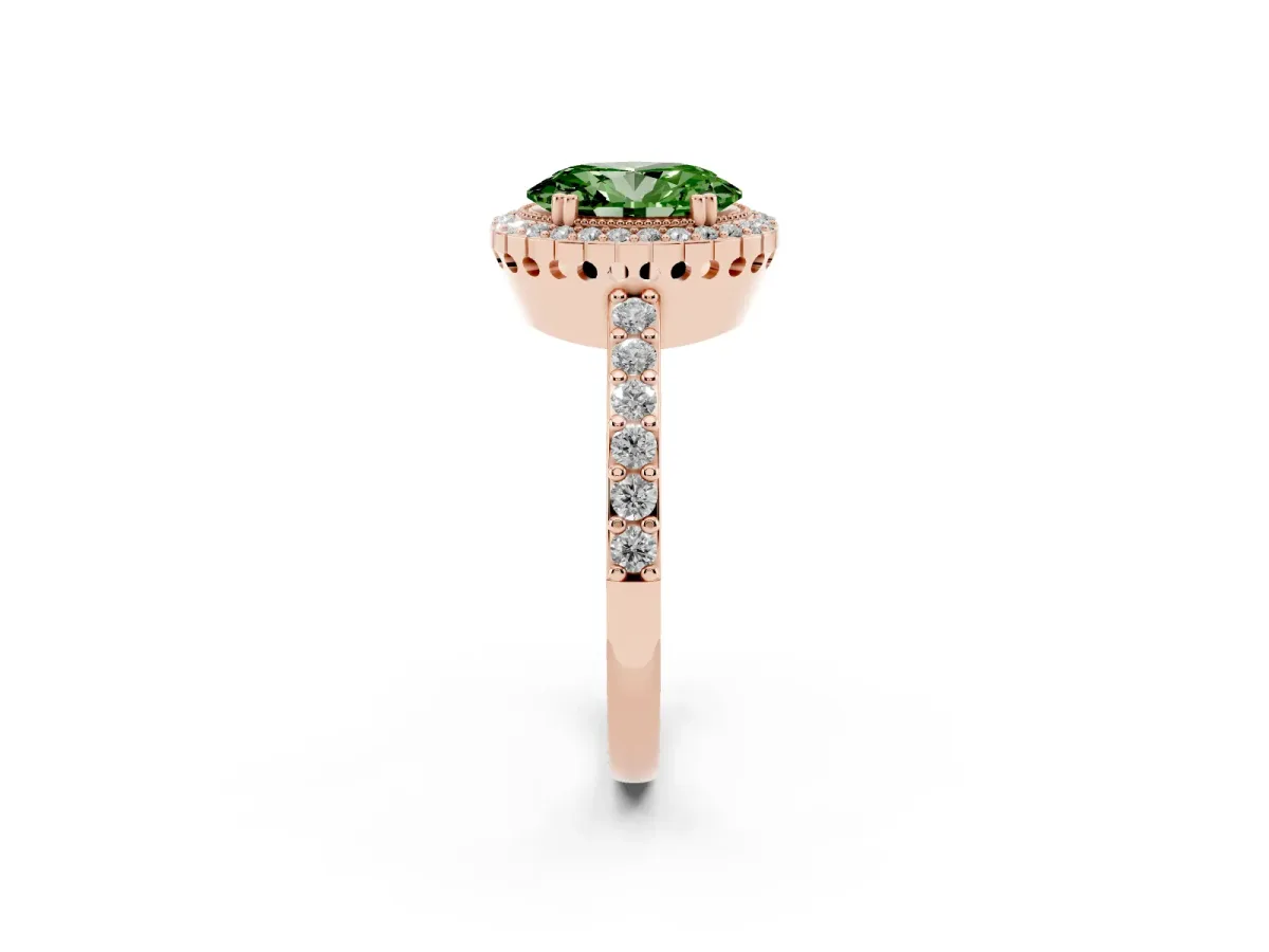 Fancy Green Oval Cut Cut Diamond Halo Engagement Ring with Milgrain Detail and Pavé Band Rose gold
