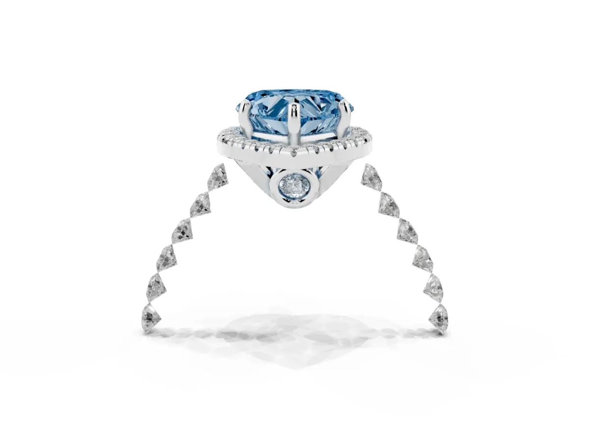 Fancy Blue Heart Cut Halo Pavé Diamond Engagement Ring with Four-Prong Setting Silver