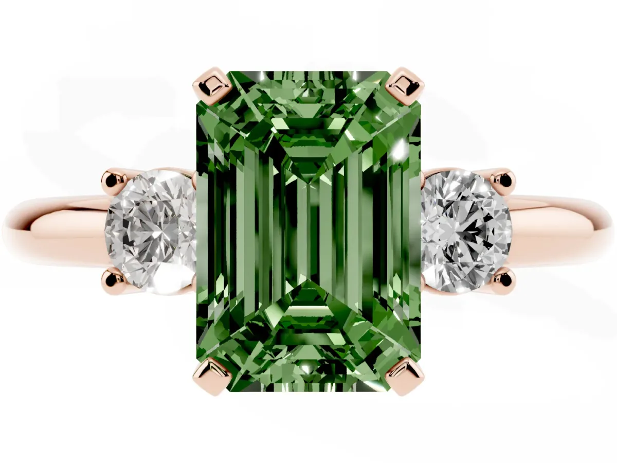 Fancy Green Three-Stone Emerald Cut Cut Diamond Solitaire with Prong Setting and Classic Band Rose gold