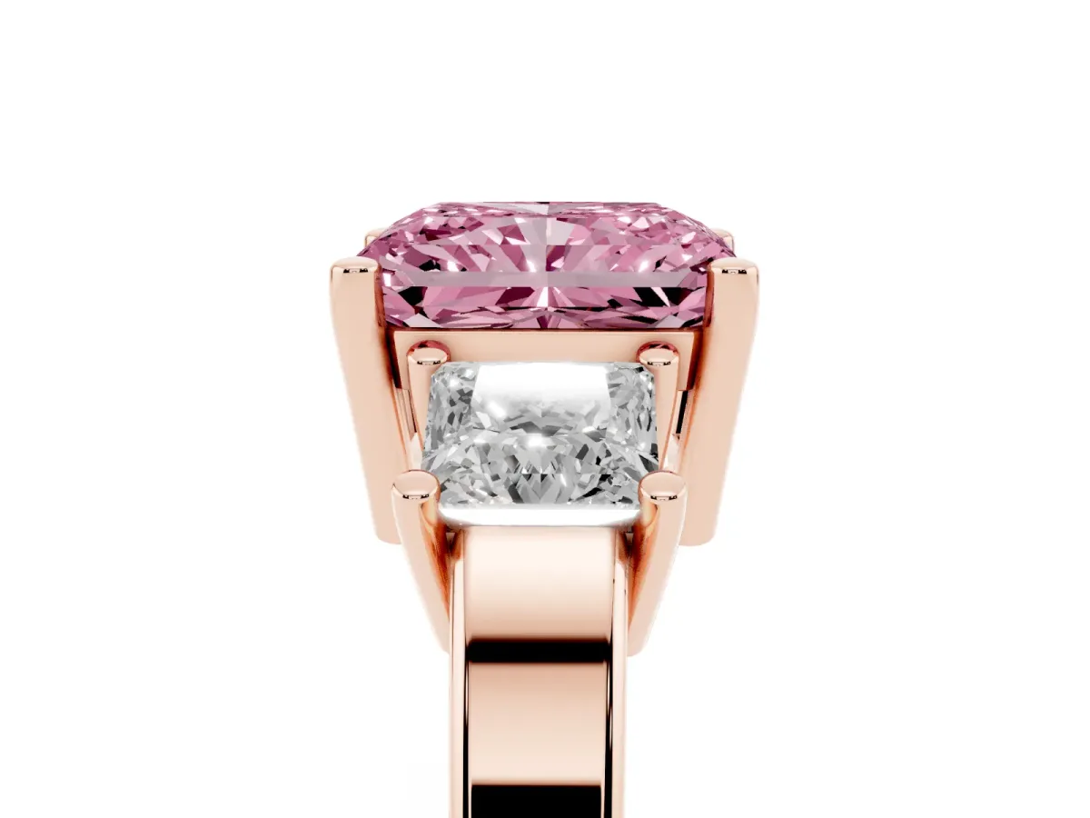 Fancy Pink Three-Stone Radiant Cut Cut Solitaire Ring with Prong Setting Rose gold