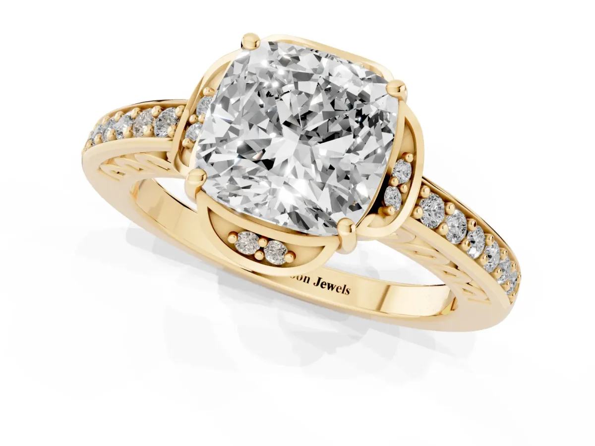 Cushion Cut Cut Halo Diamond Ring with Channel Set Band and Four-Prong Setting Yellow gold