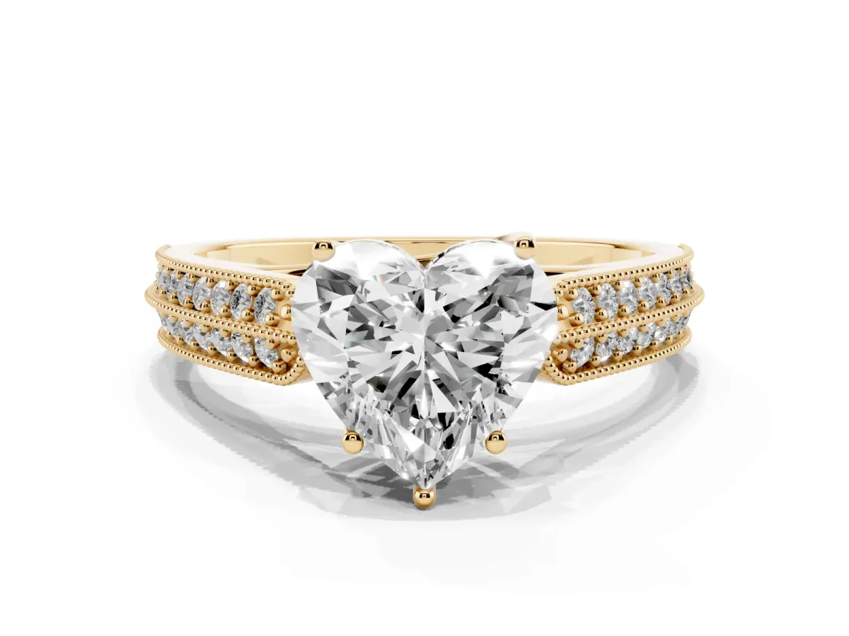 Heart Cut Cut Pave Split Shank Engagement Ring with Four-Prong Setting Yellow gold