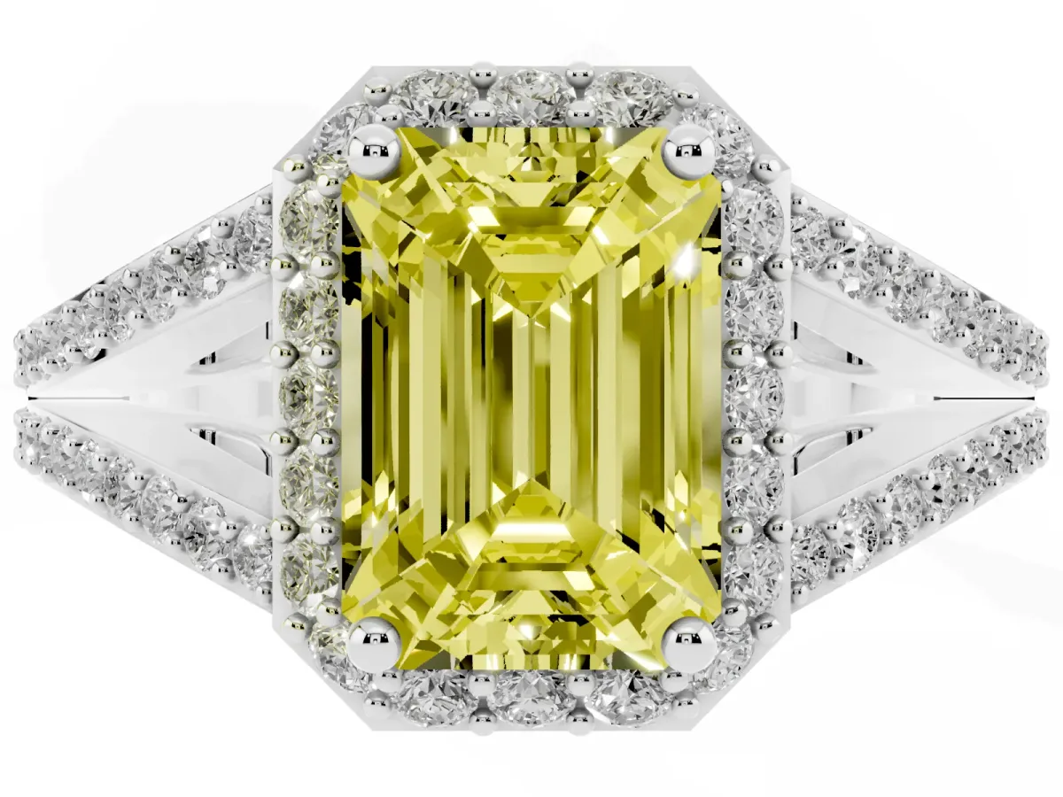 Fancy Yellow Emerald Cut Halo Split Shank Pave Diamond Ring with Four-Prong Setting Platinum