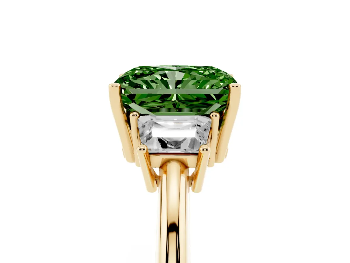 Fancy Green Radiant Cut Diamond Three-Stone Ring with Trapezoid Side Stones and Prong Setting Yellow gold