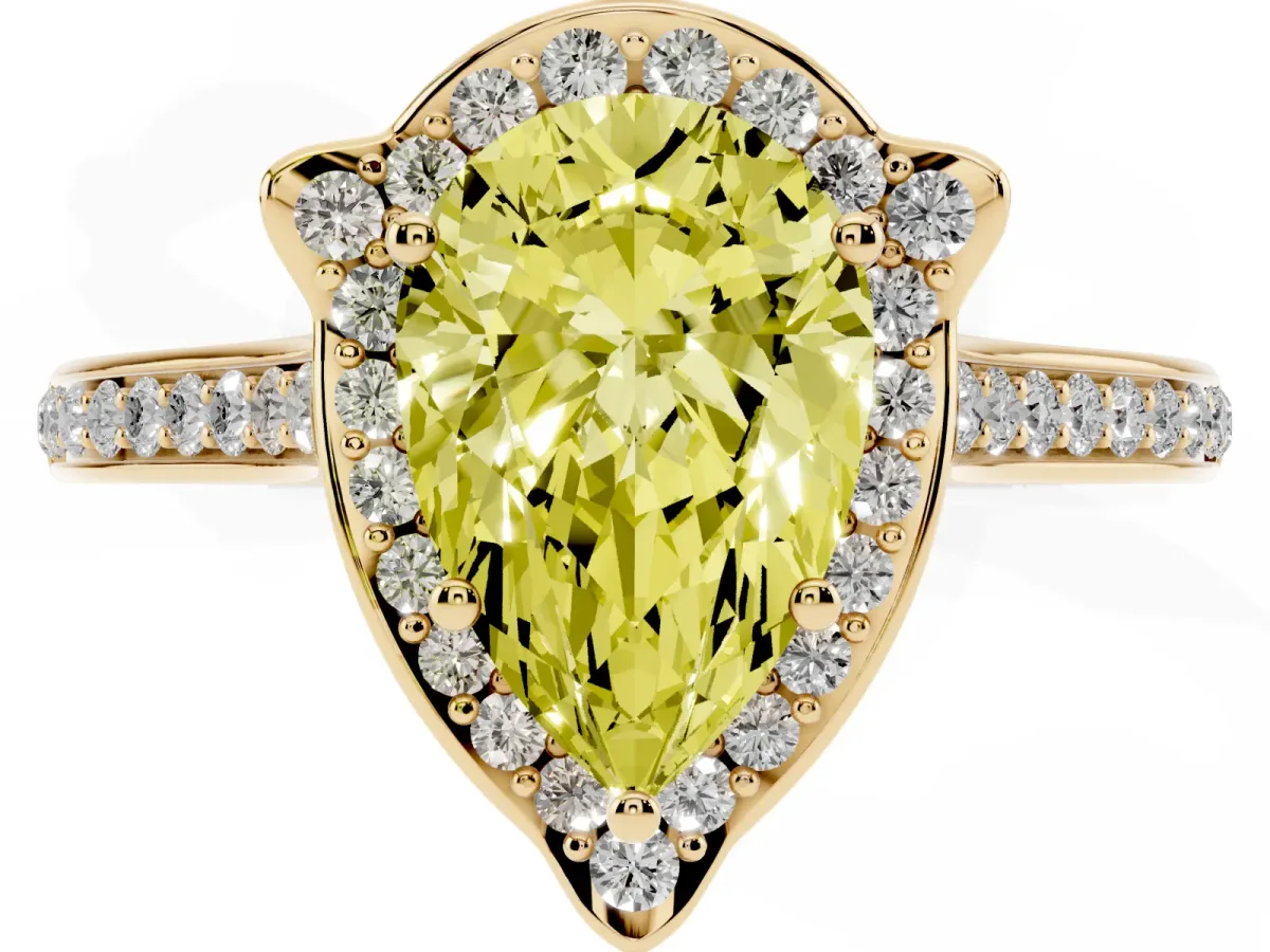 Fancy Yellow Pear Cut Halo Round Diamond Pave Band with Four-Prong Setting Yellow gold