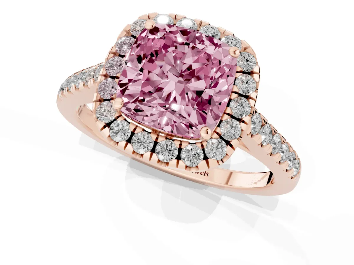 Fancy Pink Cushion Cut Halo Pavé Diamond Engagement Ring with Four-Prong Setting Rose gold