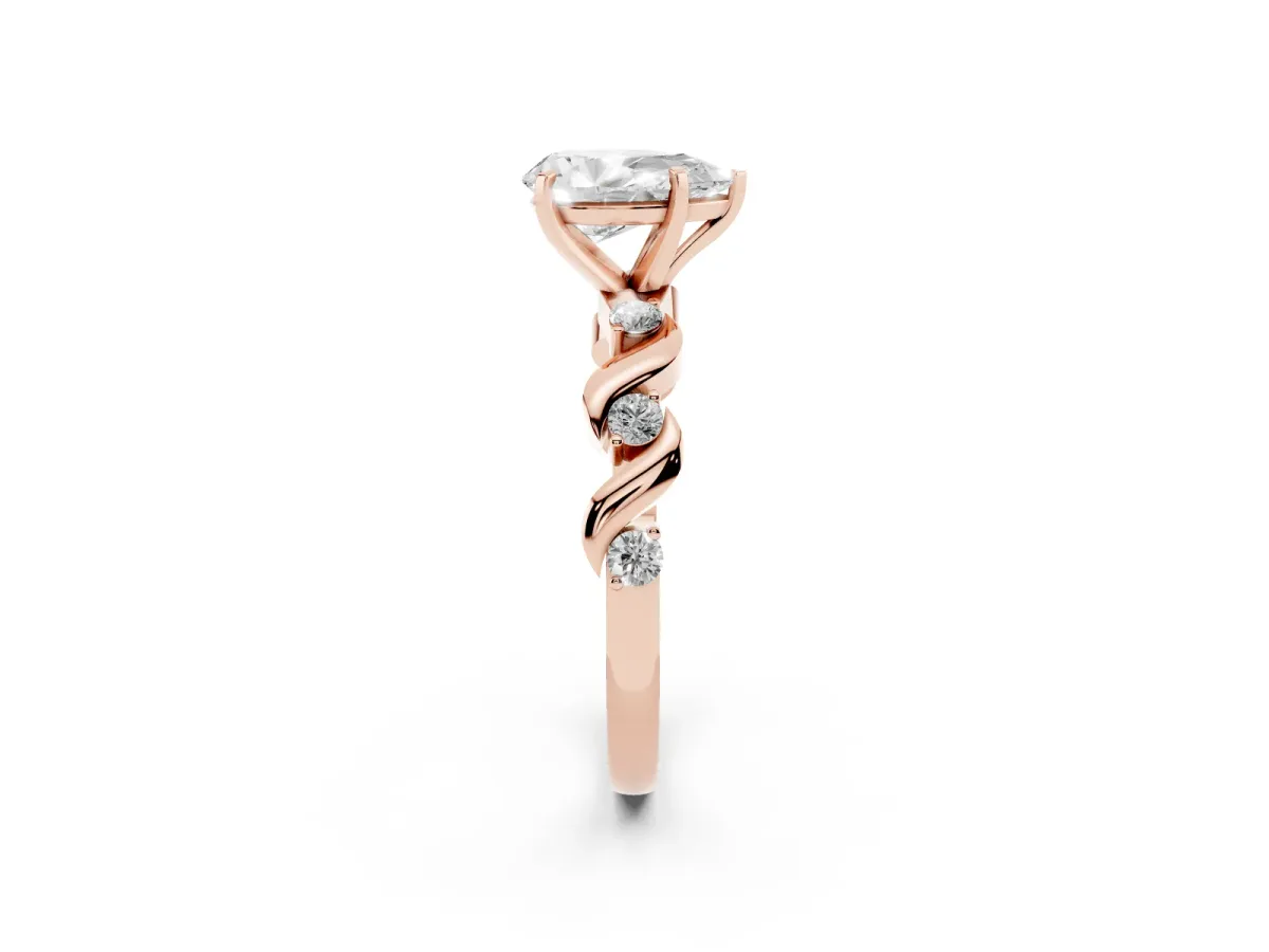 Pear Cut Diamond Solitaire Twisted Band with Round Accents and Prong Setting Rose gold