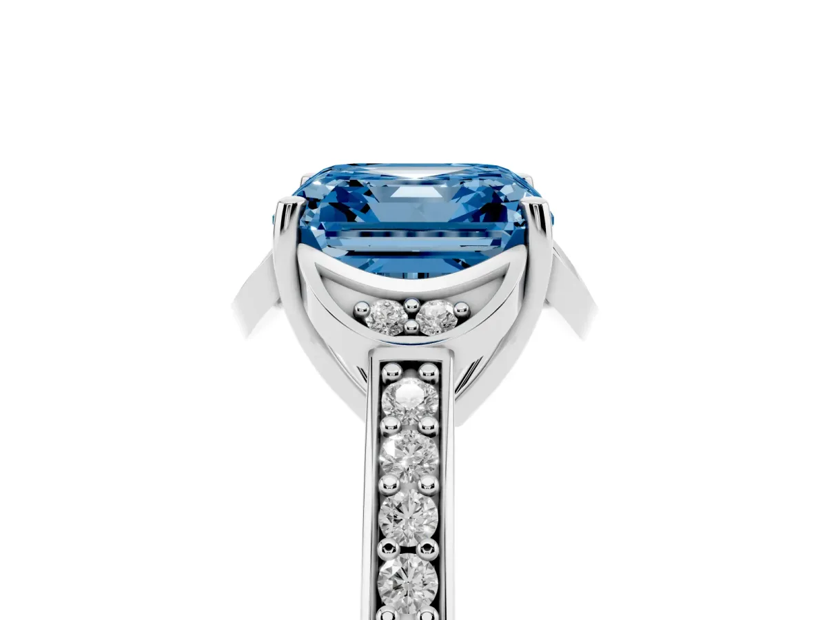 Fancy Blue Asscher Cut Cut Halo Diamond Ring with Channel Set Band and Four-Prong Setting Silver