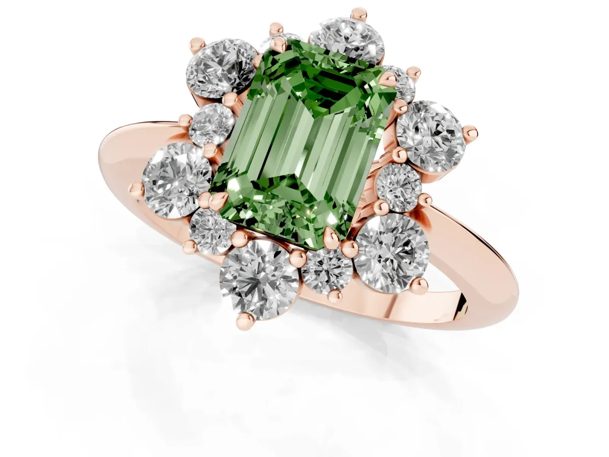 Fancy Green Emerald Cut Diamond Cluster Halo Ring with Solitaire Band and Four-Prong Setting Rose gold