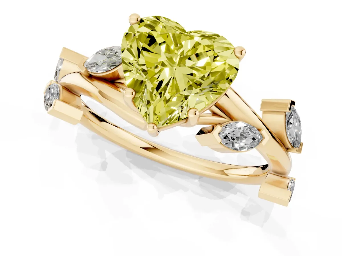 Fancy Yellow Heart Cut Solitaire Twisted Band Marquise Accent Prong Setting Ring Yellow gold