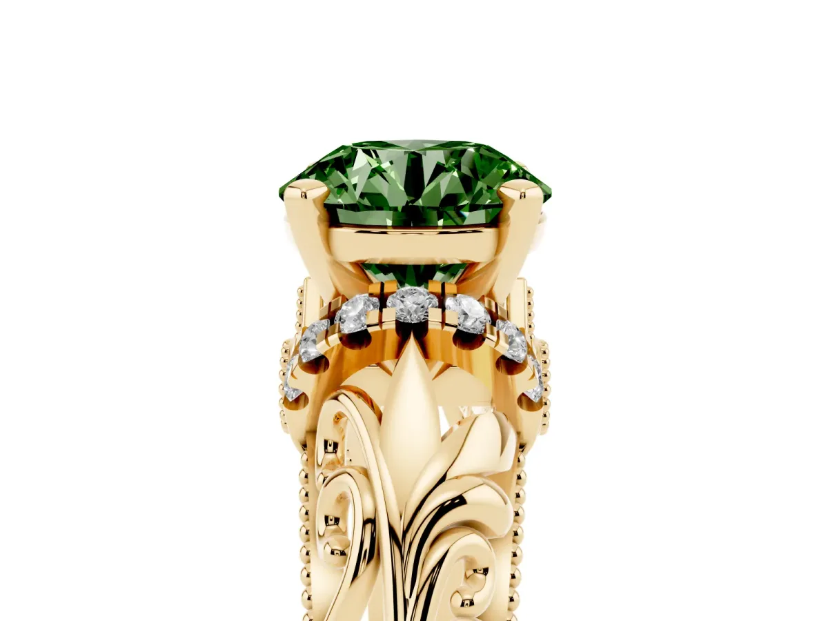 Fancy Green Round Cut Solitaire Filigree Engagement Ring with Halo and Prong Setting Yellow gold