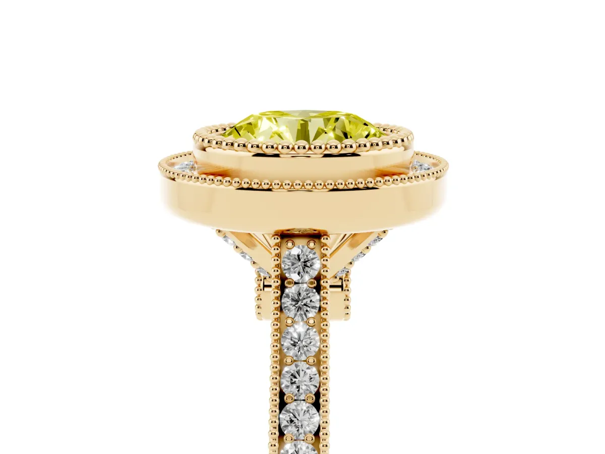 Fancy Yellow Round Cut Diamond Halo Ring with Milgrain Frame and Pavé Band Yellow gold