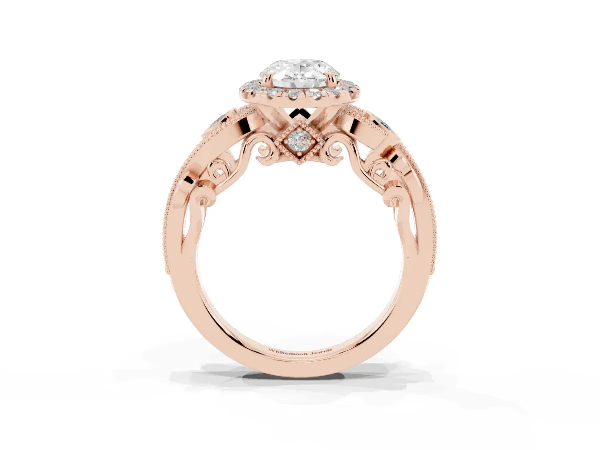 Oval Cut Halo Diamond Ring with Milgrain and Bezel Accents on a Split Shank Band Rose gold