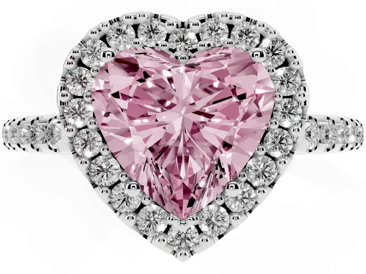 Fancy Pink Heart Cut Diamond Pavé Halo Ring with Four-Prong Setting Silver