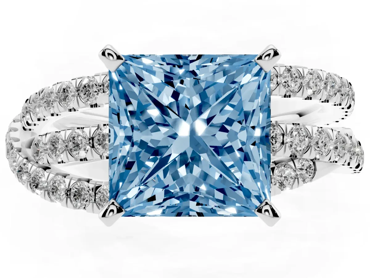 Fancy Blue Princess Cut Solitaire Twist Band with Pavé Setting and Four-Prong Setting Silver