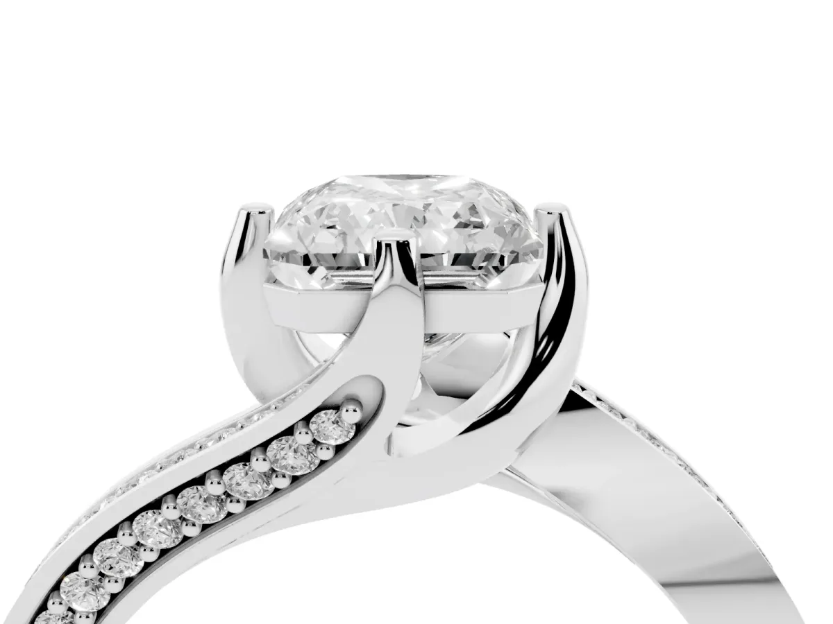Radiant Cut Solitaire Diamond Twist Band with Pavé Setting and Four-Prong Setting Silver