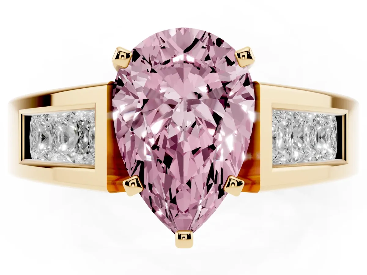 Fancy Pink Pear Cut Cut Channel Set Solitaire Ring with Four-Prong Setting Yellow gold