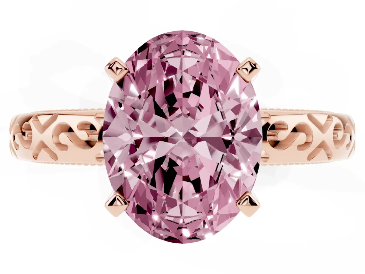 Fancy Pink Oval Cut Solitaire Engagement Ring with Scrollwork Band and Four-Prong Setting Rose gold