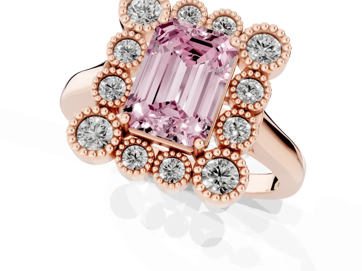 Fancy Pink Emerald Cut Halo Diamond Cluster Engagement Ring with Milgrain Bezel Setting and Solitaire Band Rose gold