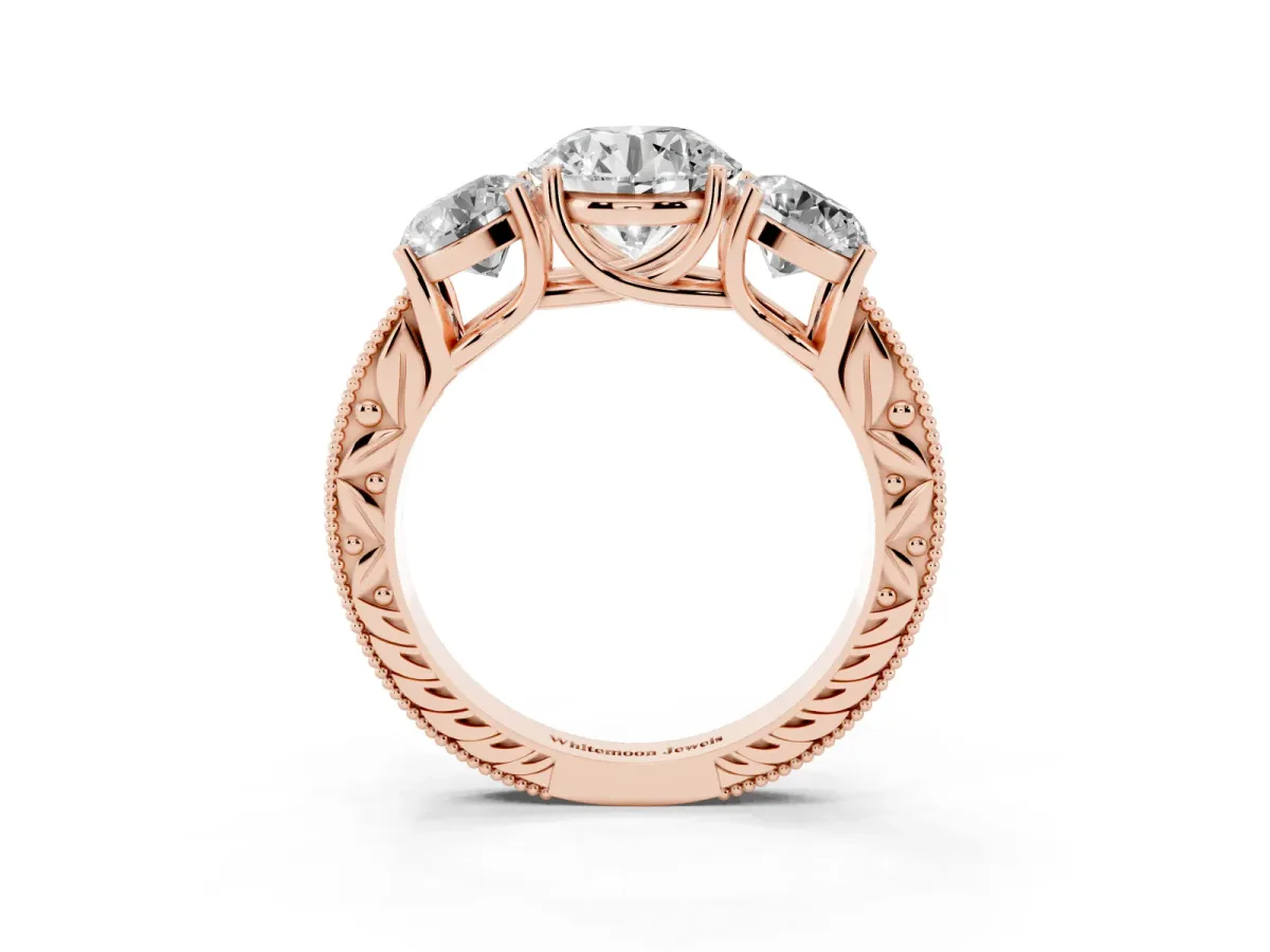 Three-Stone Round Cut Cut Milgrain Pavé Engagement Ring Rose gold