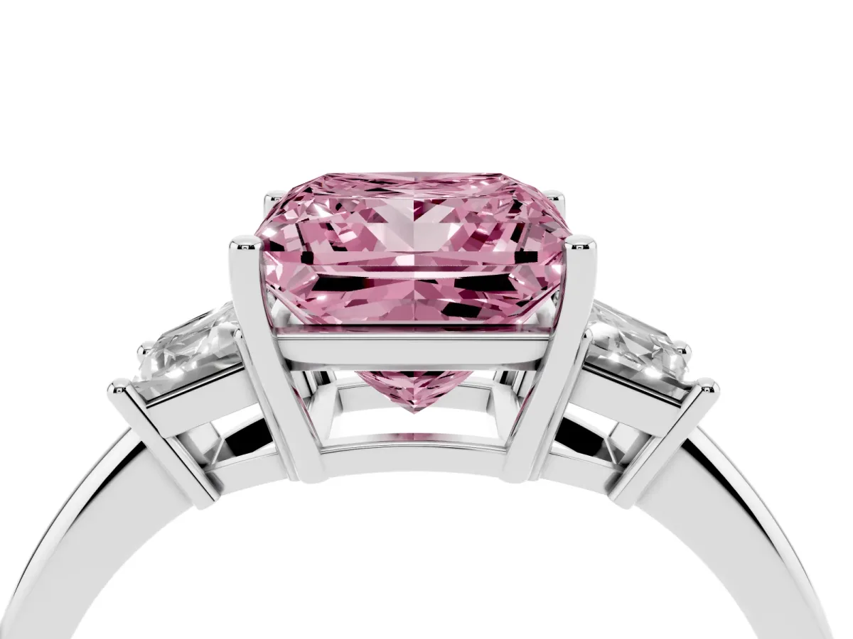 Fancy Pink Princess Cut Diamond Three-Stone Ring with Trapezoid Side Stones and Prong Setting Silver