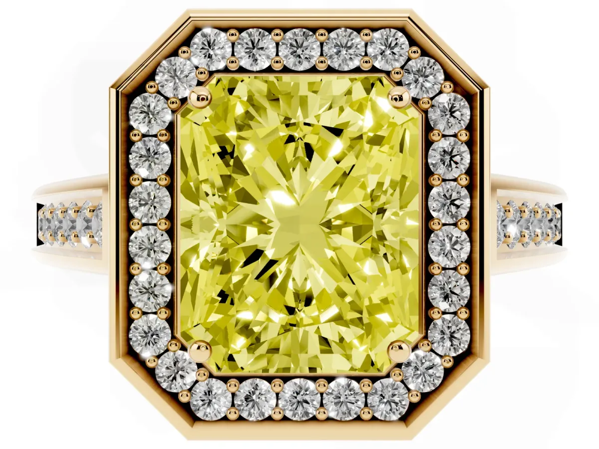 Fancy Yellow Radiant Cut Halo Solitaire Diamond Ring with Pave Band and Bezel Setting Yellow gold