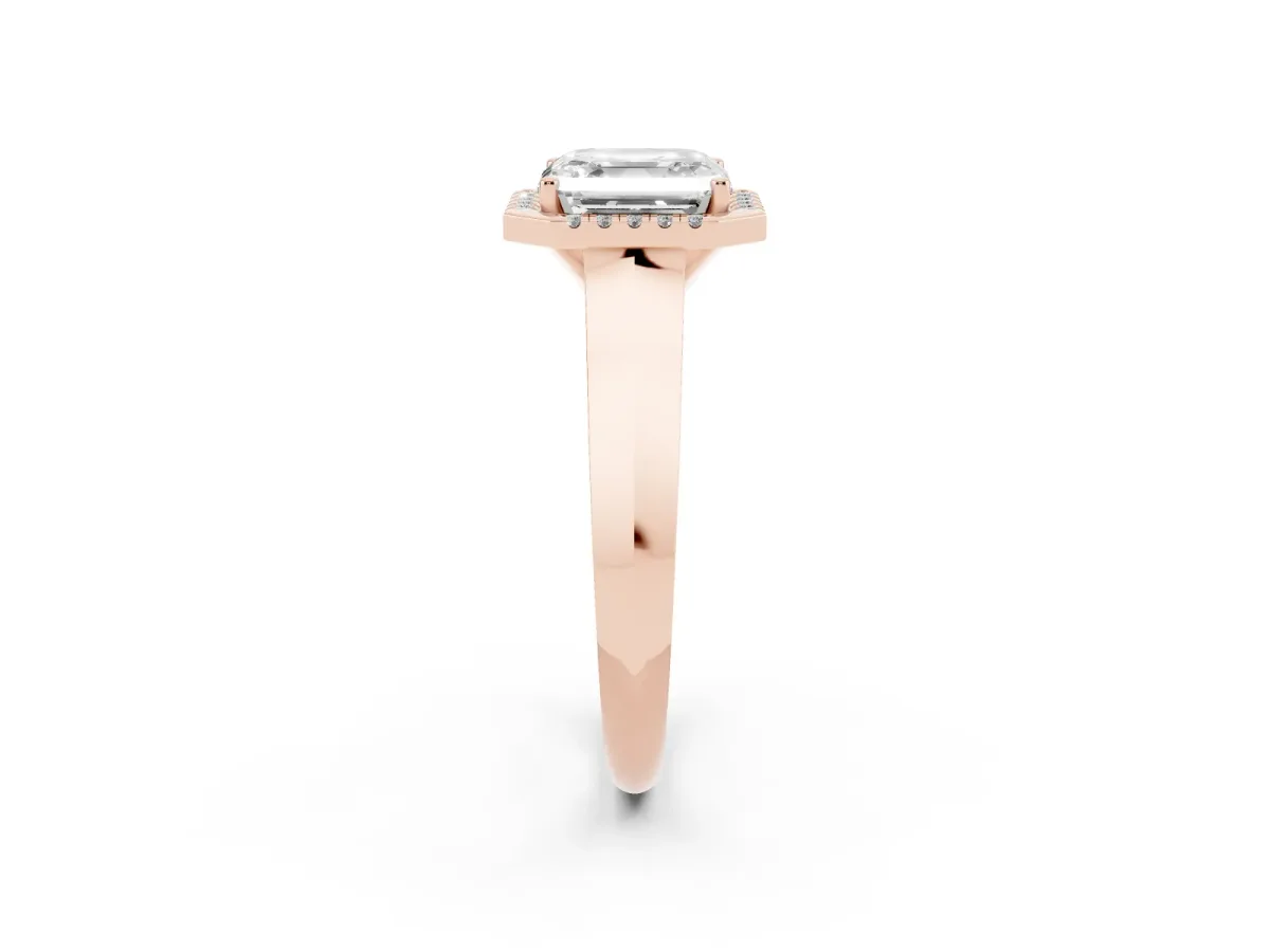 Asscher Cut Halo Diamond Ring with Cathedral Band and Four-Prong Setting Rose gold