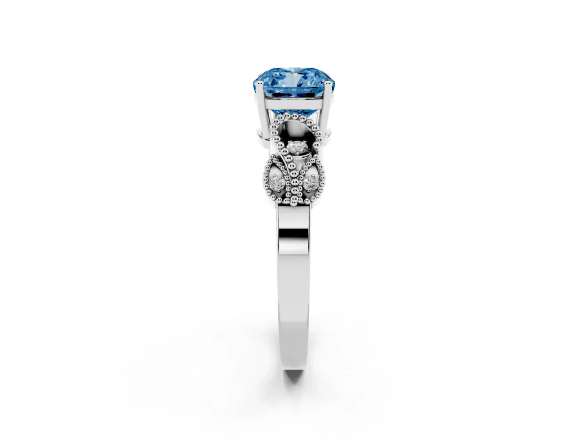 Fancy Blue Cushion Cut Solitaire Milgrain Leaf Band with Prong Setting Silver