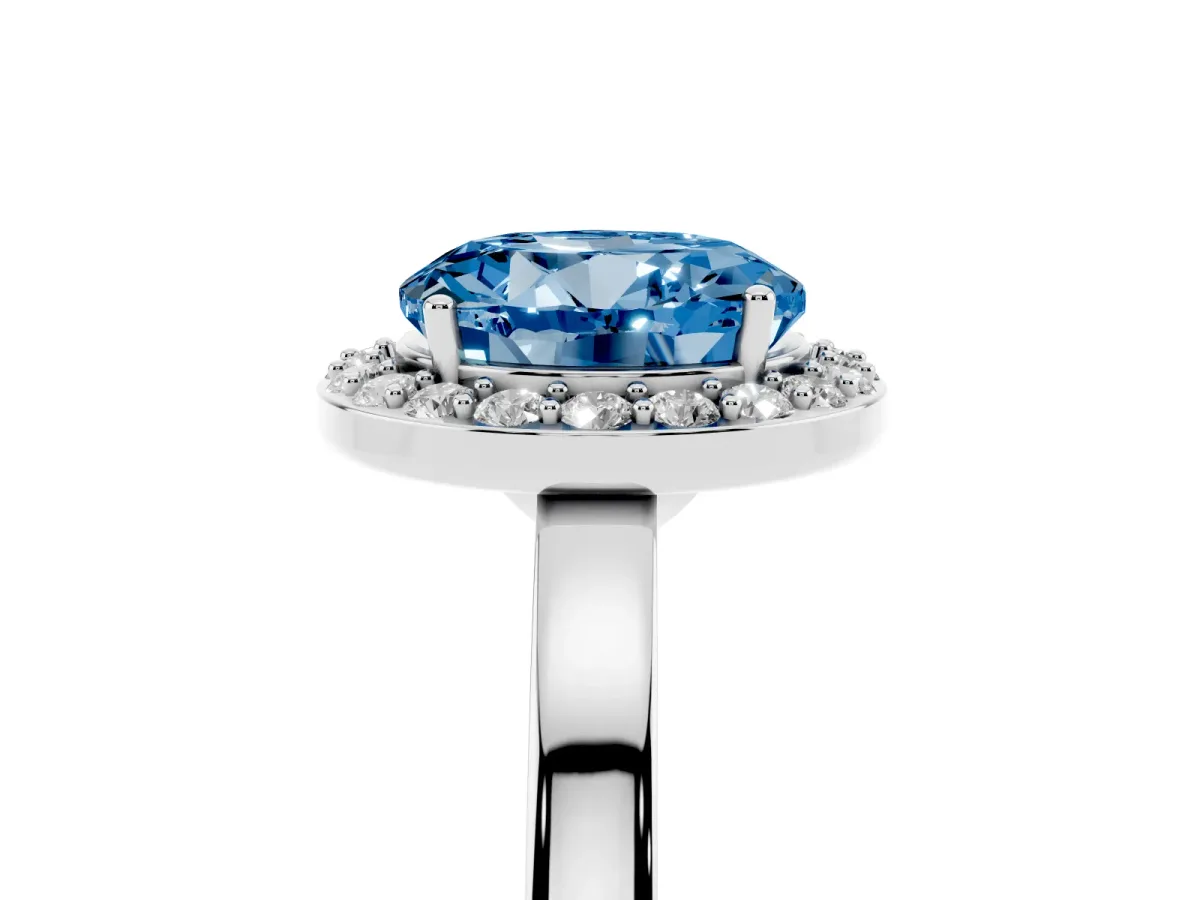 Fancy Blue Round Cut Halo Diamond Ring with Solitaire Band and Prong Setting Silver