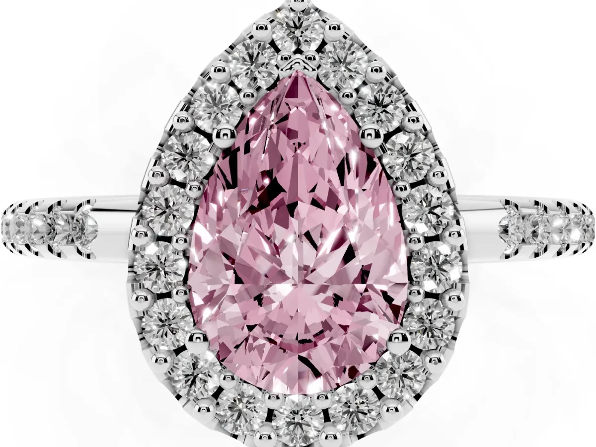 Fancy Pink Pear Cut Diamond Pavé Halo Ring with Four-Prong Setting Platinum
