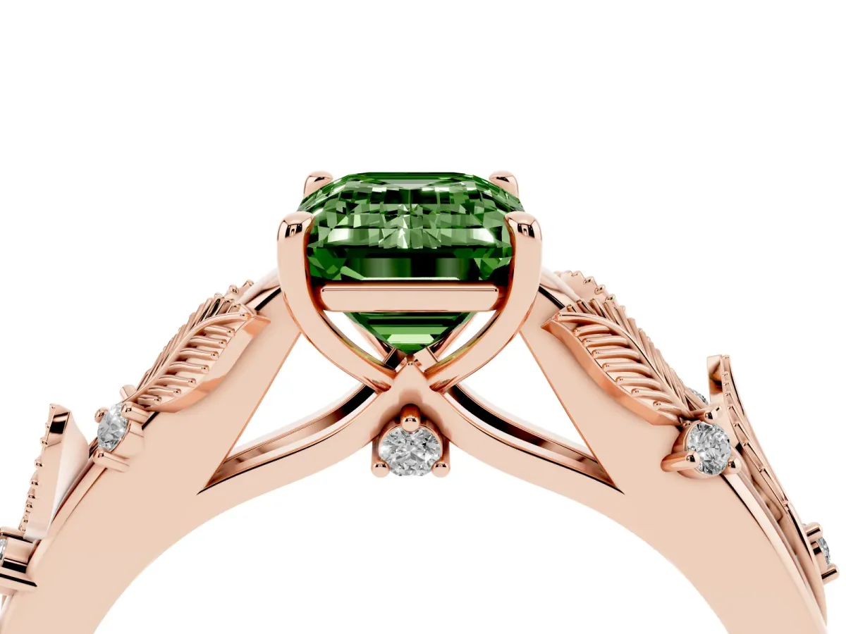 Fancy Green Emerald Cut Diamond Solitaire Ring with Leaf Motif Band and Four-Prong Setting Rose gold