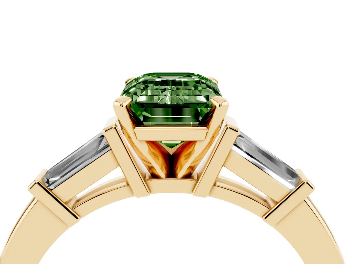 Fancy Green Emerald Cut Cut Diamond Solitaire Ring with Tapered Baguette Accents and Four-Prong Setting Yellow gold