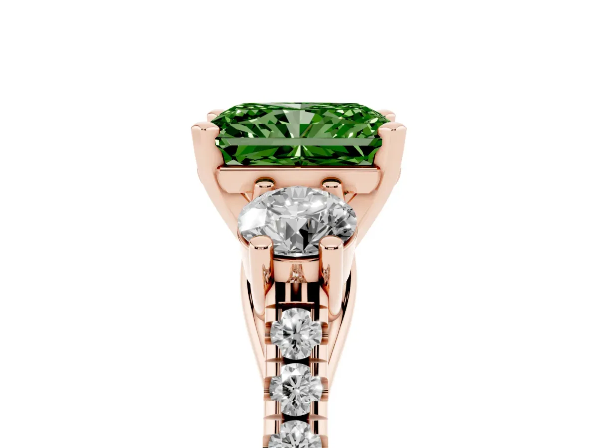 Fancy Green Three-Stone Radiant Cut Diamond Pavé Band with Four-Prong Setting Rose gold