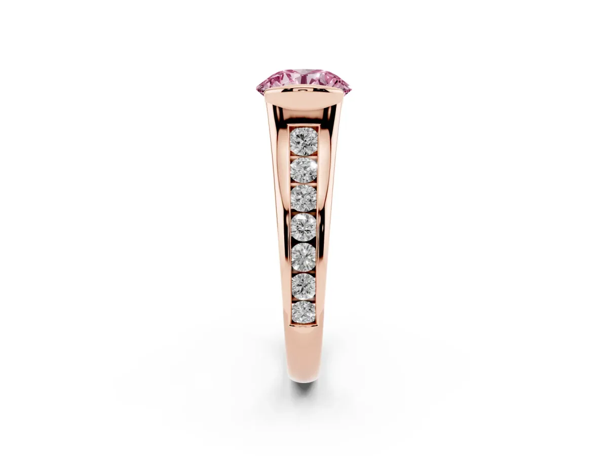 Fancy Pink Round Cut Solitaire Bezel-Set Diamond Ring with Channel-Set Band Rose gold