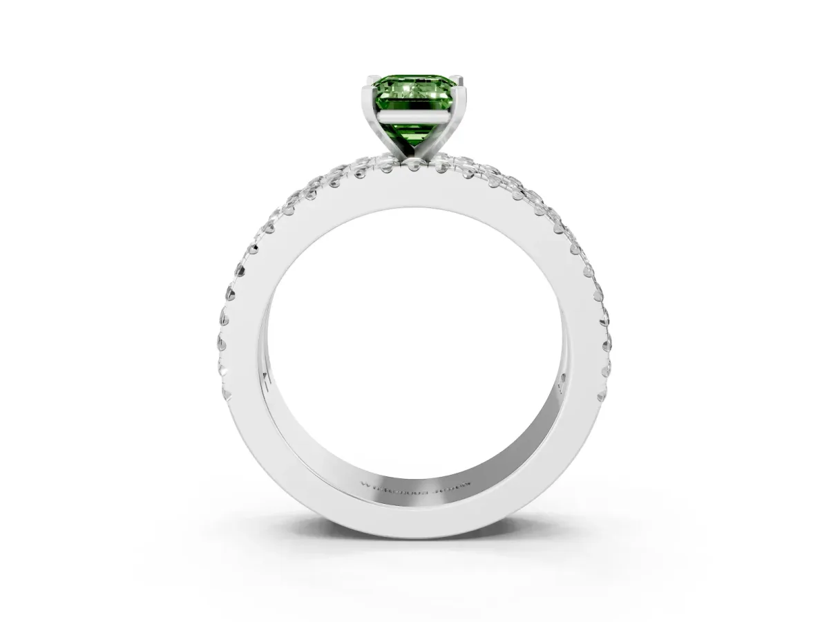 Fancy Green Emerald Cut Diamond Solitaire Ring with Pavé and Channel Set Band White gold