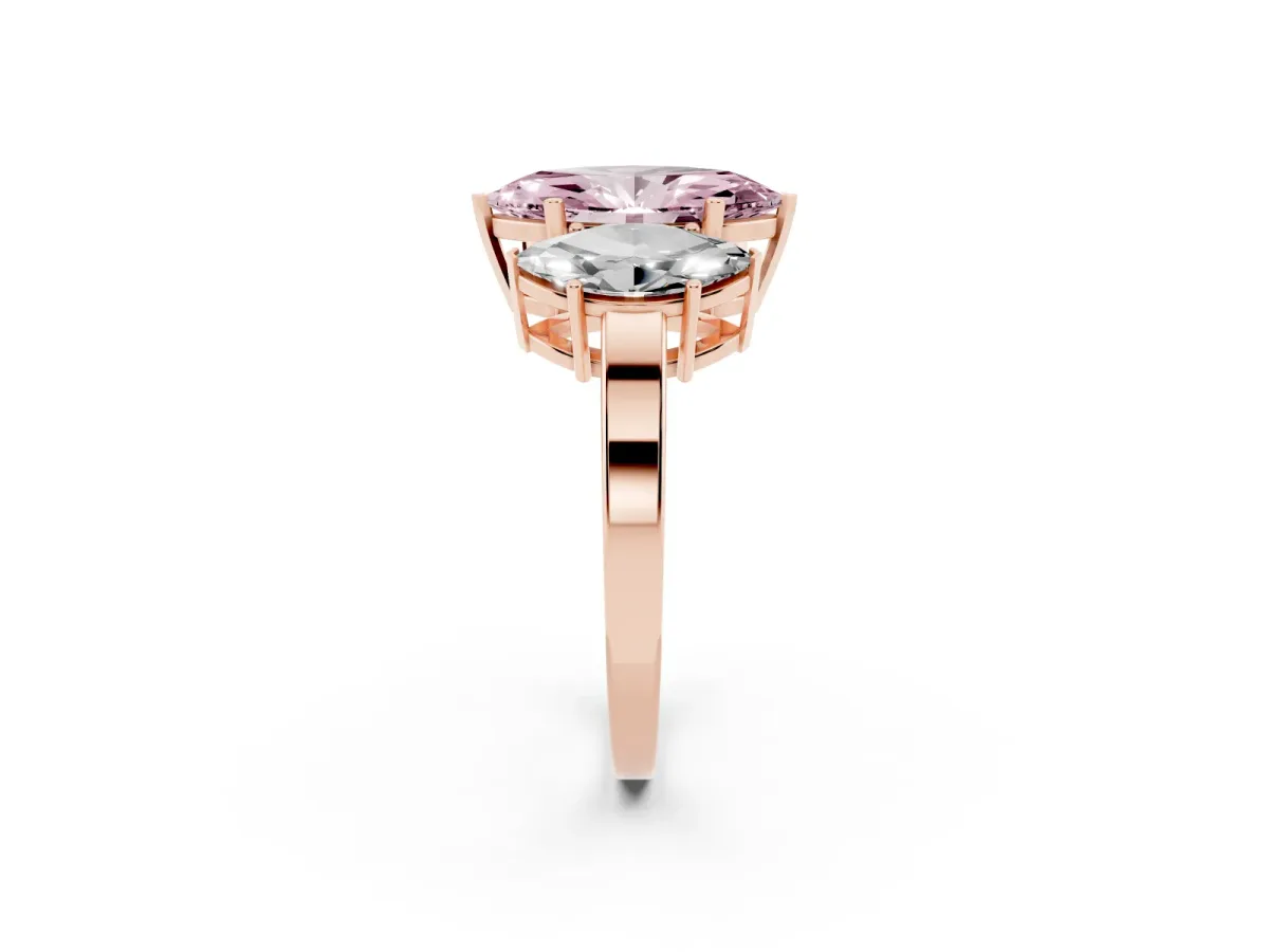 Fancy Pink Three-Stone Marquise Cut Cut Diamond Engagement Ring with Flat Band and Four-Prong Setting Rose gold