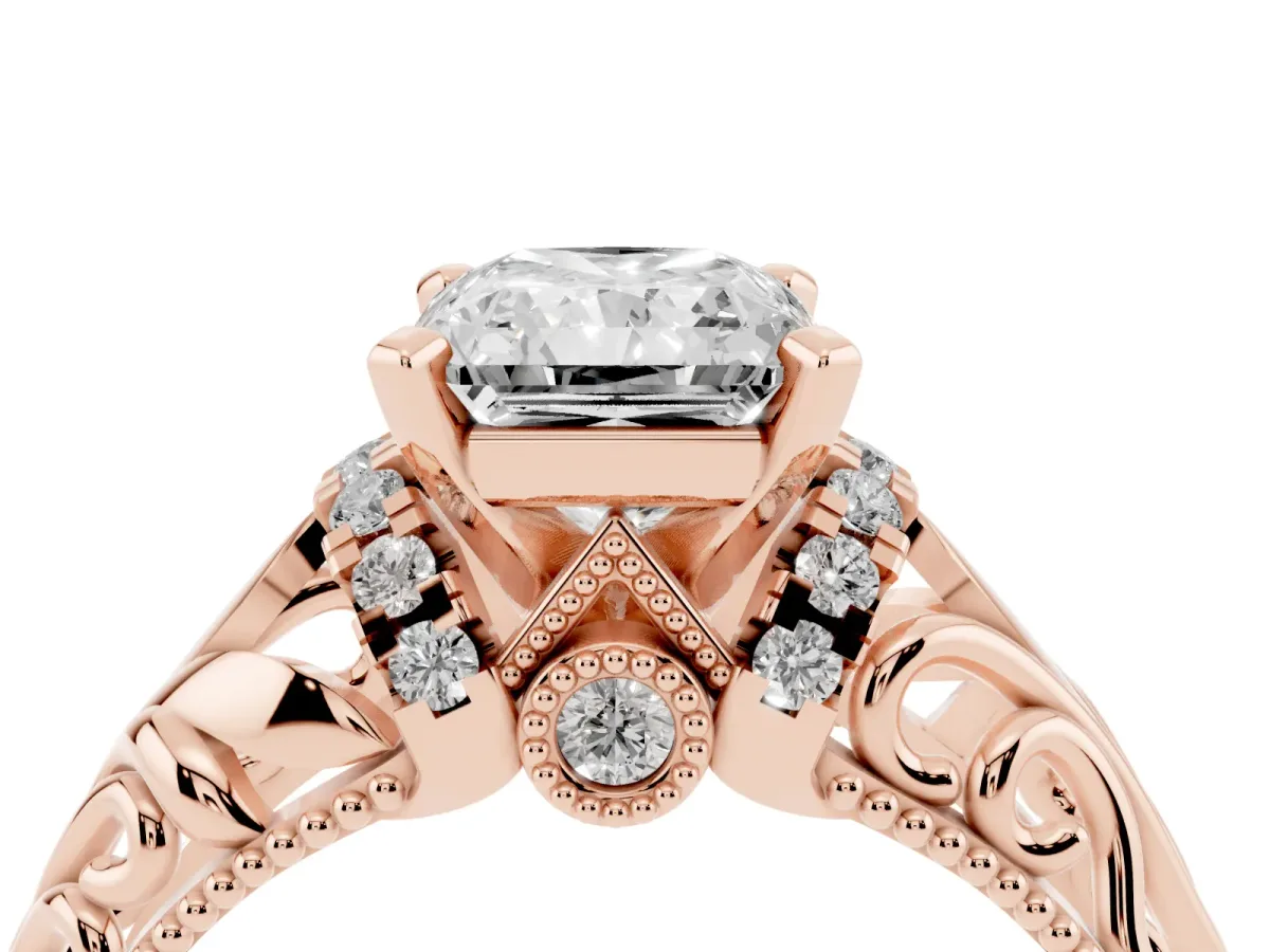 Radiant Cut Solitaire Filigree Engagement Ring with Halo and Prong Setting Rose gold