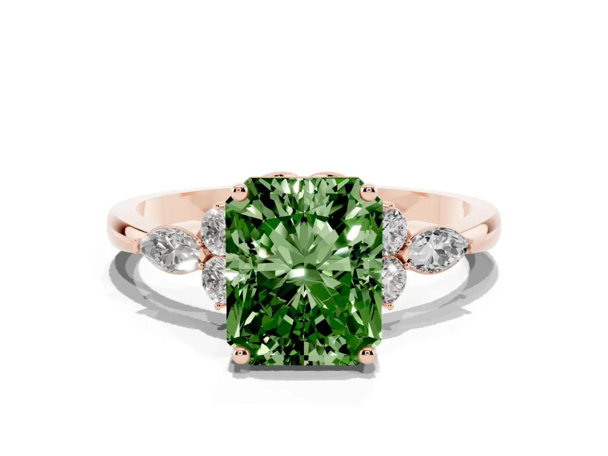Fancy Green Radiant Cut Brilliant Diamond Solitaire Ring with Pear Side Stones and Four-Prong Setting Rose gold