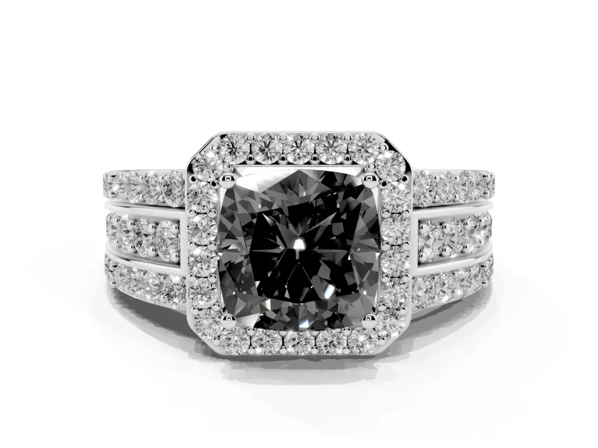 Fancy Black Cushion Cut Halo Diamond Ring with Round Split Shank and Prong Setting Platinum