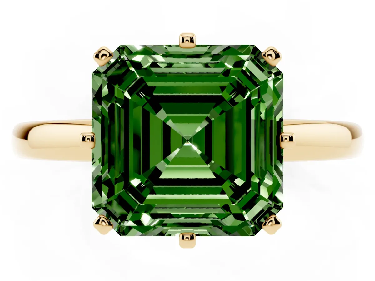 Fancy Green Asscher Cut Solitaire Diamond Ring with Six-Prong Setting on a Classic Band Yellow gold